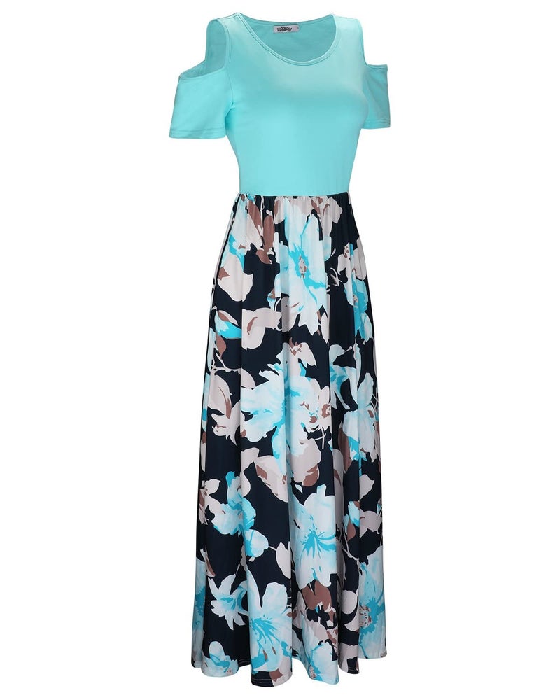 STYLEWORD Womens 2025 Summer Dress Floral Beach Hawaiian Cold Shoulder Dress Vocation Maxi Long Dress(Floral06,XL) - Image 3